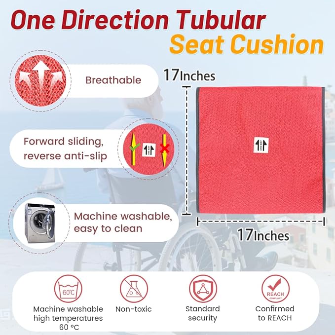 One Direction Tubular Seat Cushion with Handles for Fall Prevention,Non Slip Seat Cushion for Elderly/Disabled in Chair/Wheelchair,17"x17" (Red-Without Handles)