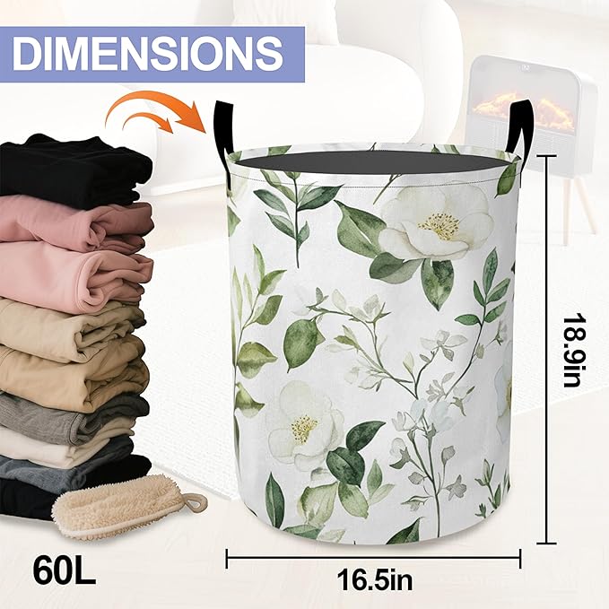 Retro Flowers Laundry Basket-Large Foldable Hamper Holder Portable Tall Collapsible Laundry Hamper Storage Basket Bin with Handles, Canvas & Waterproof lining for Household Items