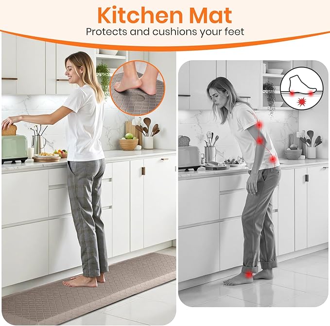 4/5 Inch Extra Thick Kitchen Mats for Floor,Non Slip Anti Fatigue Kitchen Rugs,Waterproof Stain Resistant Sink Mat,Cushioned Standing and Comfort Mats for Office (17"x60" Khaki)