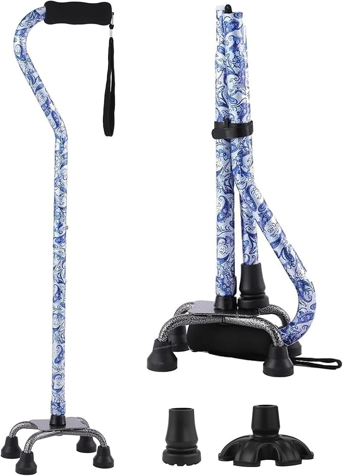 Walking Cane for Women & Men, Adjustable Quad Cane with 4-Prong Base for Stability and Balance, Folding Aluminum Walking Stick for Seniors