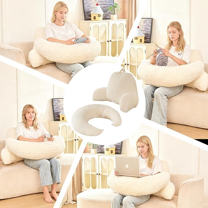 Reading Pillow for Bed,U Shaped & Back Support Pillow for Bed,17" Backrest with Lumbar & Arm Support,Comfy Flannel Fabric,Lap Pillow for Gaming/Reading/Watching TV,White