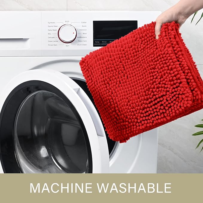 LOCHAS Luxury Bathroom Rug Shaggy Bath Mat 24 x 60 Inch, Washable Non Slip Bath Rugs for Bathroom Shower, Soft Plush Chenille Absorbent Carpets Mats, Red
