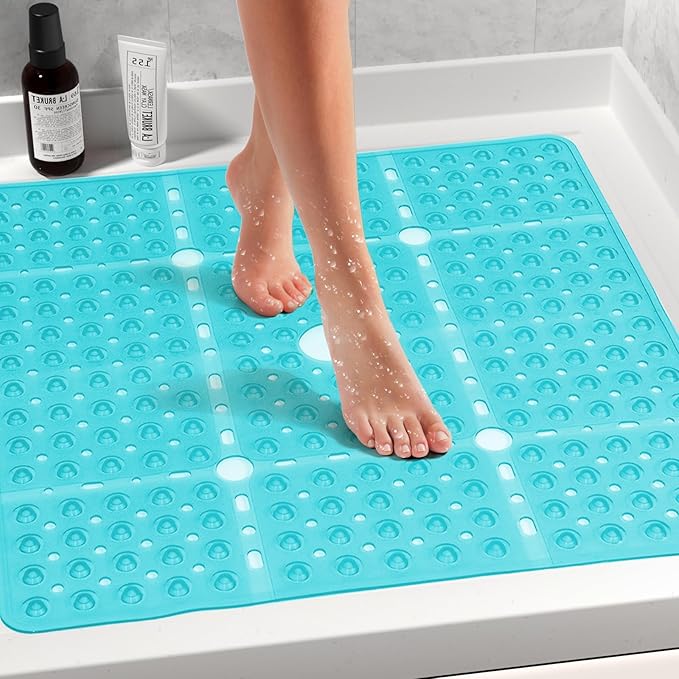 Large Square Shower Mat 27 x 27 Inch Clear Green, Non Slip Shower Bathtub Mats for Inside Shower with Big Suction Cups Drain Holes, Anti Slip Bathroom Floor Stall Mats, Easy Clean, BPA-Free