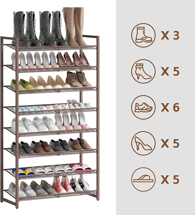 8Tier Metal Tall Shoe Rack,Large Shoe Rack for Closet,entryway,Garage, with Adjustable Flat or Angled Shelves, Hold 32-40 Pairs Shoes ﻿