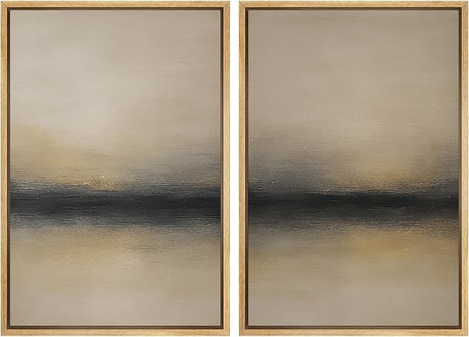 MUDECOR Framed Canvas Print Wall Art Abstract Sunset Horizon Modern Minimalist Beige and Black Illustrations Modern Art Decorative Bohemian for Living Room, Bedroom, Office - 16"x24"x2 Natural
