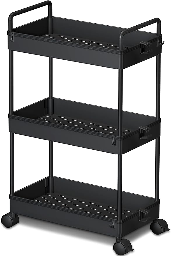 Ronlap 3 Tier Slim Rolling Storage Cart with Wheels Plastic Utility Cart Organizer for Snack Craft Art Postpartum Baby Diaper Nail Makeup in Bathroom Laundry Room Kitchen Bedside Narrow Space, Black