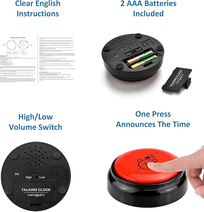 memo24 Talking Button Alarm Clock for The Blind and Visually Impaired, Elderly & Dementia Sufferers. English Male Voice Announces Time/Day/Date, Volume Control Switch, Batteries Included.