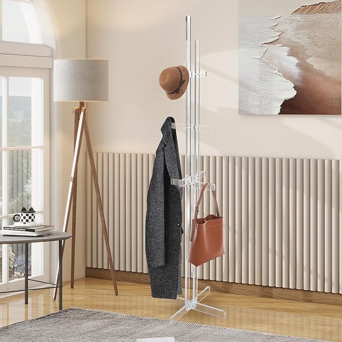 Acrylic Coat Rack with 10 Hooks Freestanding Modern Coat Hanger Stand with Anti-slip Strips Hall Tree for Clothes Handbags Hats Scarves in Entryway Office Bedroom Hallway