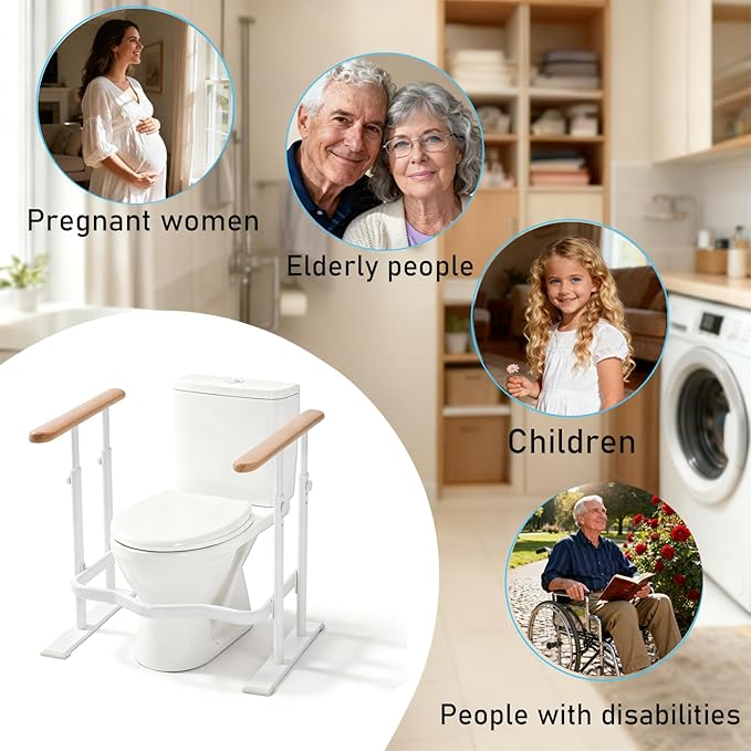 Toilet Safety Rails for Seniors - Toilet Safety Frame with Dual Pillars, Waterproof Nighttime Reflective Base, 3-Speed Height Adjustment (White, Double Pillar)