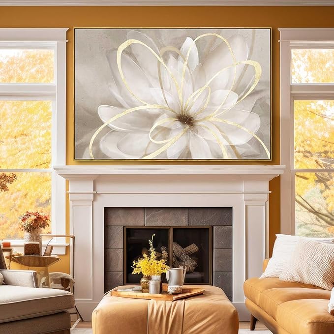 SOUGUAN Flower Wall Art for Living Room 32x48 Inch Gold Large Artwork Painting for Bedroom Kitchen Home Office Room Decore