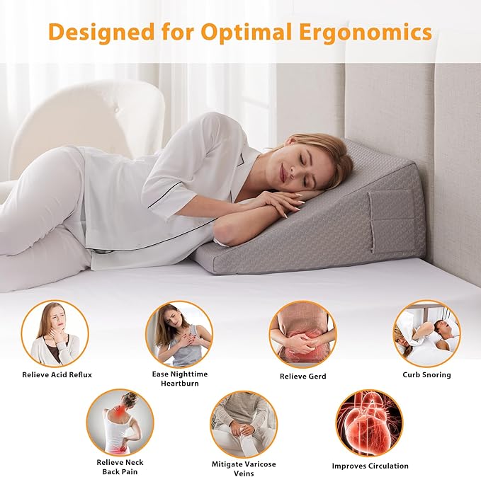 Wedge Pillow for Sleeping, 12" Bed Wedges Pillow for Headboard, Triangle Incline Wedge for Acid Reflux, Pillows Wedge for Back Pain Relief, Elevated Leg Pillow After Surgery, Snoring, Grey