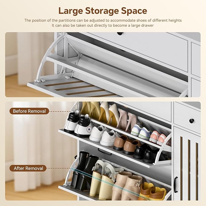 Shoe Cabinet with 2 Flip Cabinets & Side Cabinet, Shoes Cabinet with Adjustable Shelves, Shoe Storage Organizer for Entryway, Hallway Living Room, Space-Saving, White