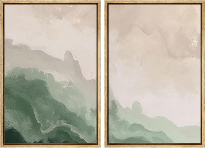 MUDECOR Framed Canvas Print Wall Art Soft Green and Beige Abstract Calming Watercolor Landscape Illustrations Modern Art Decorative Bohemian Chic for Living Room, Bedroom, Office - 24"x36"x2 Natural