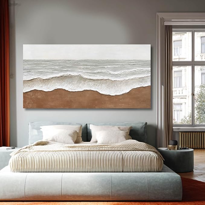Artexist Textured Wall Decor Ocean Wall Painting White Line Wall Art Posters 29"x58" Large Pictures for Living Room Dining Room