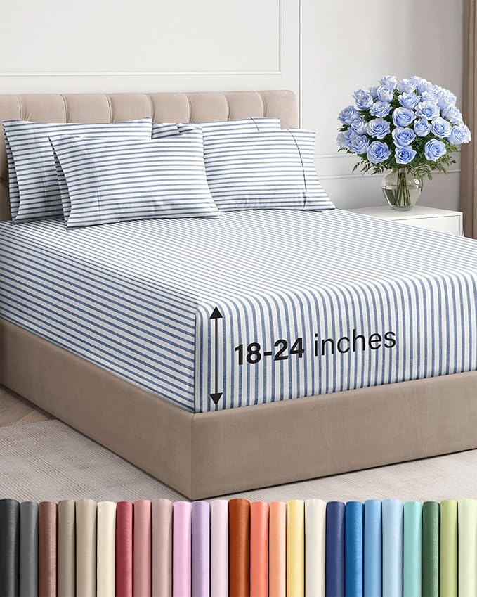 Extra Deep Queen Sheet Set - 6 Piece Breathable and Cooling Sheets - Hotel Luxury Bed Sheets Set - Easy Fit - Soft, Wrinkle Free and Comfy Sheets Set - Blue Striped Sheet Set with Extra Deep Pockets