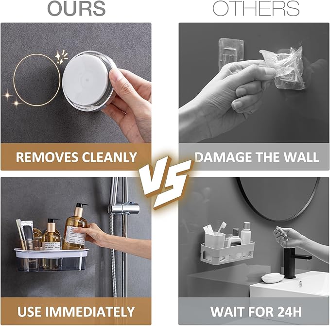 LEVERLOC Shower Caddy Suction Cup, Shower Organizer Removable Bathroom Shelf, Storage Suction Powerful Max Hold 22lbs Bathroom Caddy Waterproof Holder, Chrome & Clear