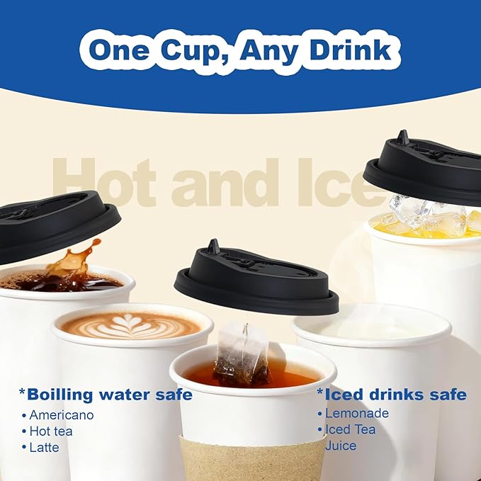 20 oz 50 Pack Coffee Cups with Lids and Sleeves, Straws, Hot Disposable To Go Travel Paper Cups Bulk for Office, Home Coffee Bar Accessories, Chocolate, Cocoa, Beverage (White)