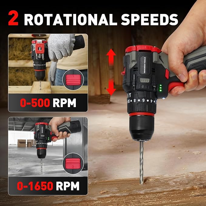 Cordless Drill Set, 16V Electric Power Drill with 2 Batteries, 398 In-lb Torque, 2-Speed & 20+3 Position Setting for DIY Home Improvement, 3/8" Keyless Chuck, LED Light