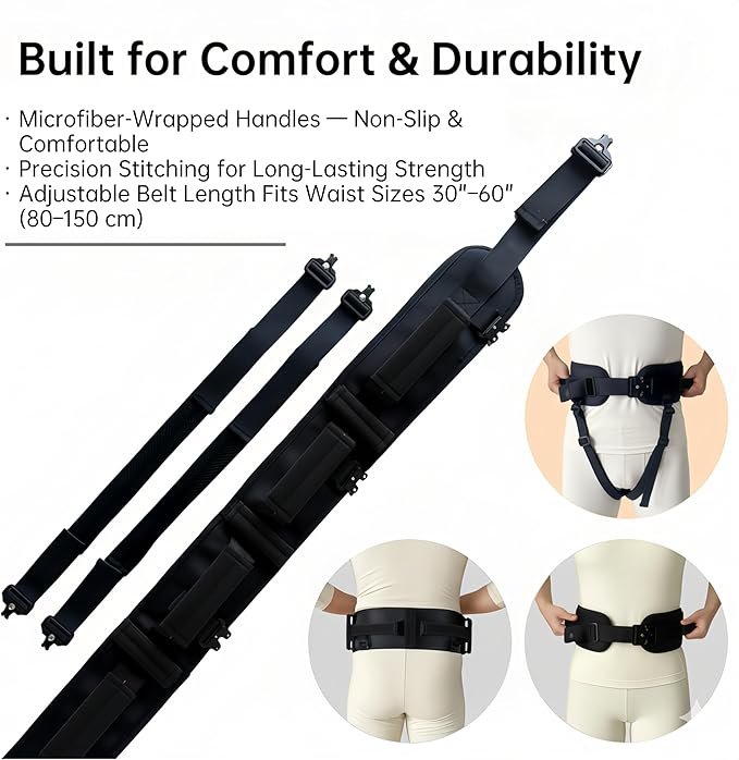 Upgraded Gait Belt with Metal Buckle, Transfer Belt with Handles and Leg Straps, Lift Belt for Seniors, Walking Support, Mobility and Elderly Assistance (Black, Medium)