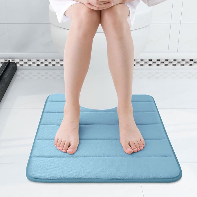 Buganda Memory Foam U-Shaped Contour Toilet Rugs, Non Slip Absorbent, Thick Soft Washable Bathroom Mat, Floor Carpet Bath Rugs Mat for Toilet Base (20" x 20", Blue)