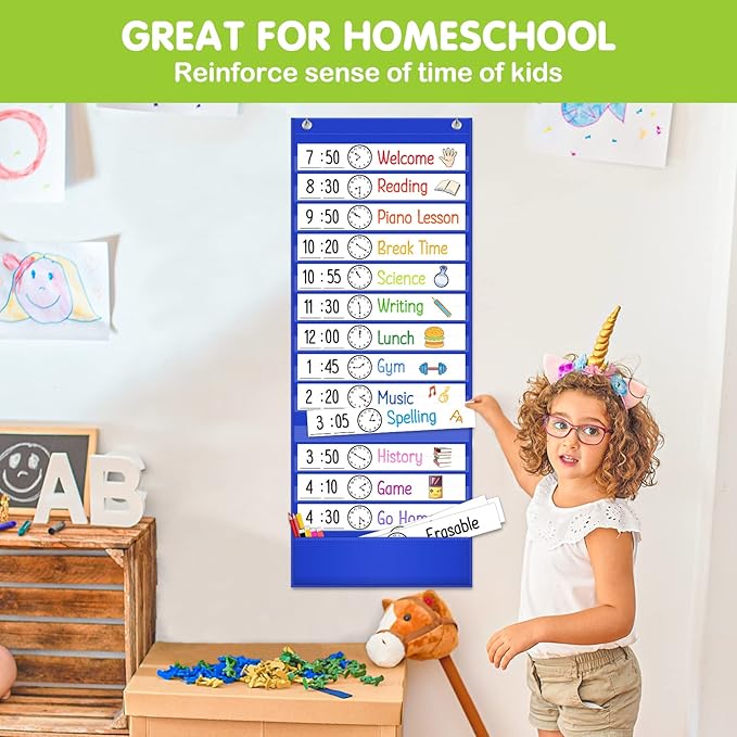 Eamay Daily Schedule Pocket Charts, Teacher Schedule Chart with Resuable 18 Custom Cards, Classroom Pocket Chart for School Office or Homeschool Activities, Blue