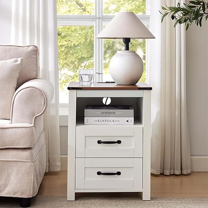White Rustic Night Stand Set of 2, Farmhouse End Table, Modern Bedside Table with 2 Storage Drawers and Open Shelf, Tall Nightstand for Bedroom