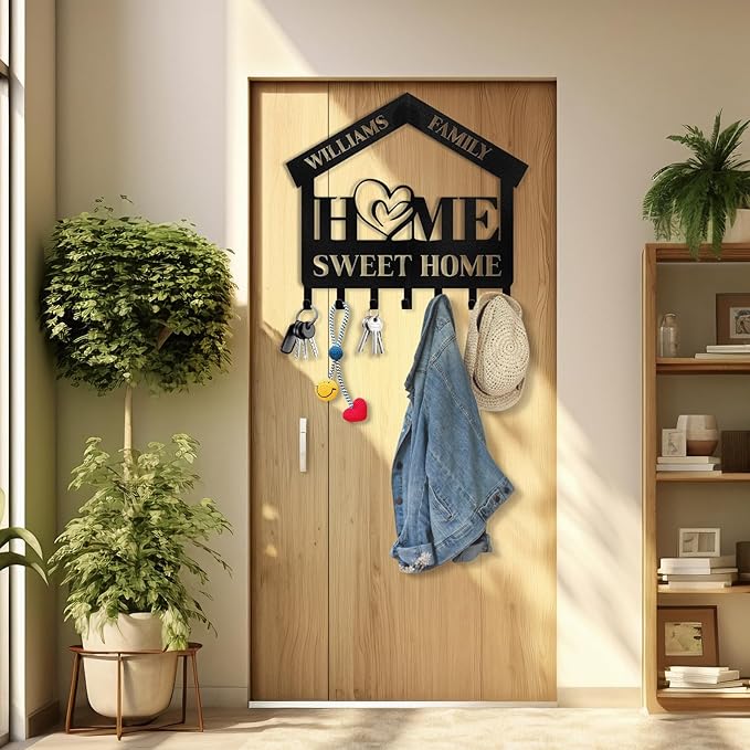 Personalized Key Holder for Wall | Sweet Home Key Holder Wall Mounted | Black Metal Key Hanger Wall Decorative | Housewarming Gifts | Key Rack Organizer for Living Room, Bedroom, Entryway