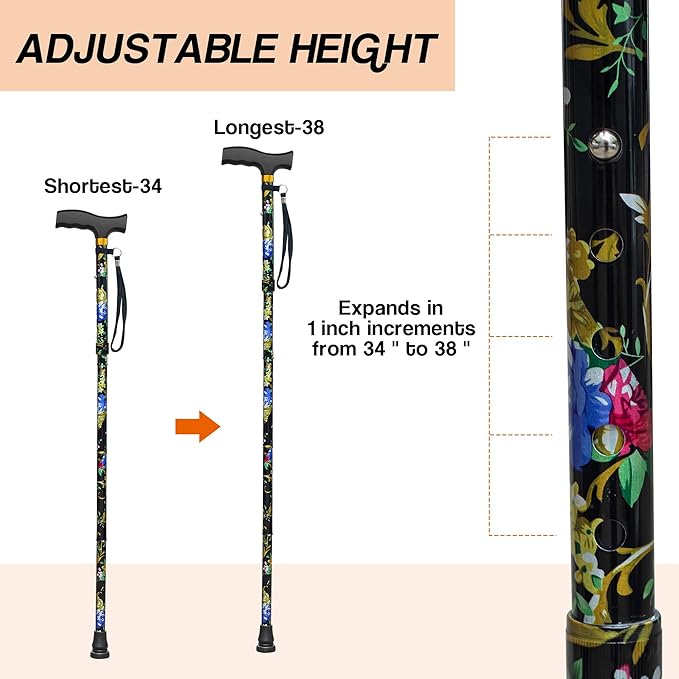 Walking Cane LIXIANG Cane for Man/Woman | Mobility & Daily Living Aids | 5-Level Height Adjustable Walking Stick | Comfortable Plastic T-Handle Portable Walking Stick Folding Cane