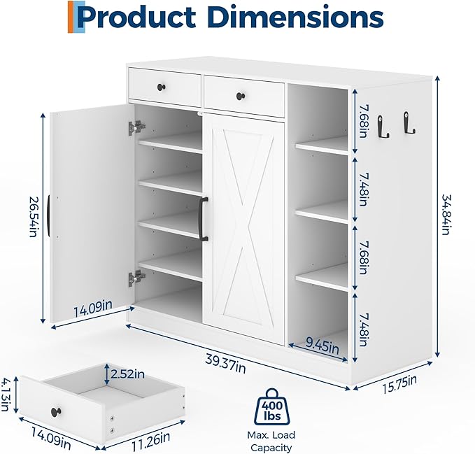 Shoe Cabinet for Entryway with Doors & 3 Open Racks, 4 Adjustable Shelves Storage Organizer for Hallway, Closet, Living Room