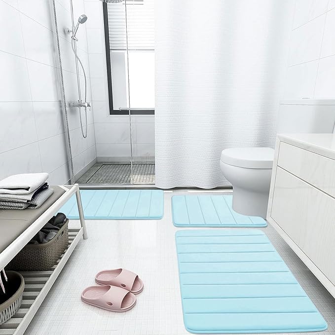 Buganda Memory Foam Bath Mat, 47" x 24", Ultra Soft and Non-Slip Bathroom Rugs, Water Absorbent and Machine Washable Bath Rug Runner for Bathroom, Shower, and Tub, Light Blue