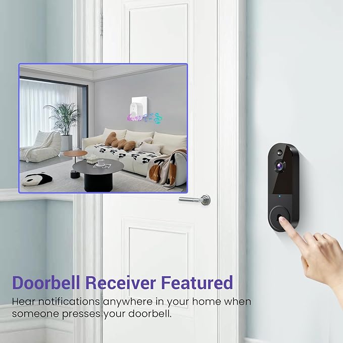 1080P Video Doorbell Camera Wireless with Doorbell Receiver, Cloud Storage, Live View, 2-Way Talk, Night Vision, 2.4Ghz WiFi Only, Indoor Surveillance, Real-Time Alert (Black)