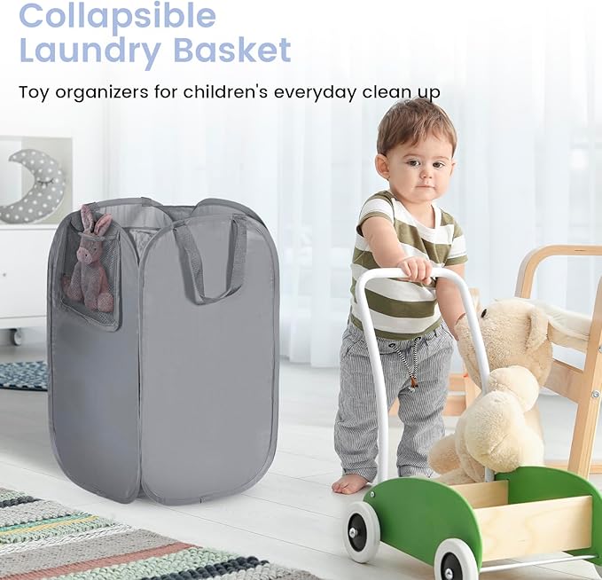 HOUSE AGAIN Upgraded Pop-up Laundry Hamper, Collapsible Laundry Basket with Durable Handles Solid Bottom High Steel Frame, Portable Foldable Dirty Clothes for Dorm, Laundry room Travel, Grey