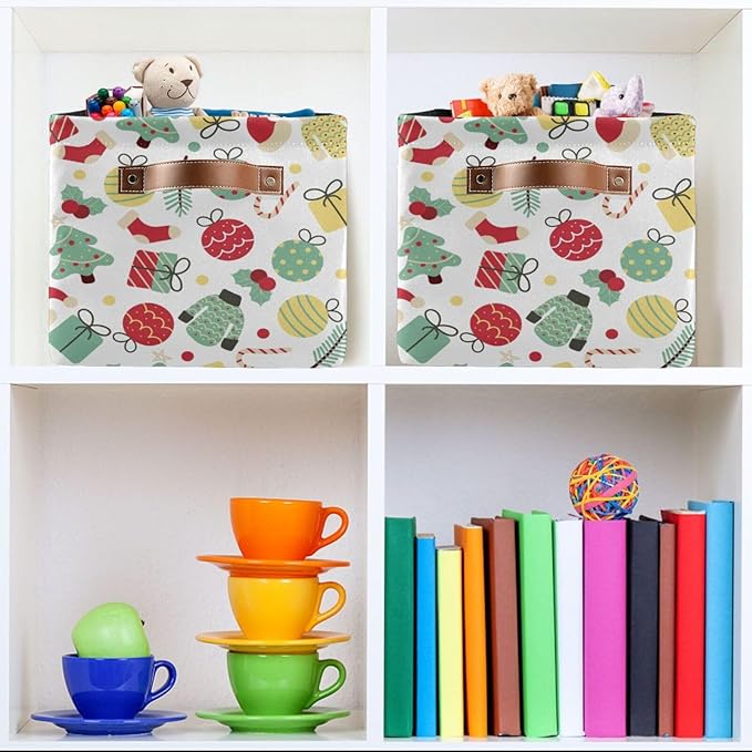 Christmas Storage Basket Tree Candy Canes Socks and Gift Storage Bins Organizer Bag Collapsible Closet Shelf Baskets Cube with handle for Cloth Book 14.2×10.2×8.3 IN