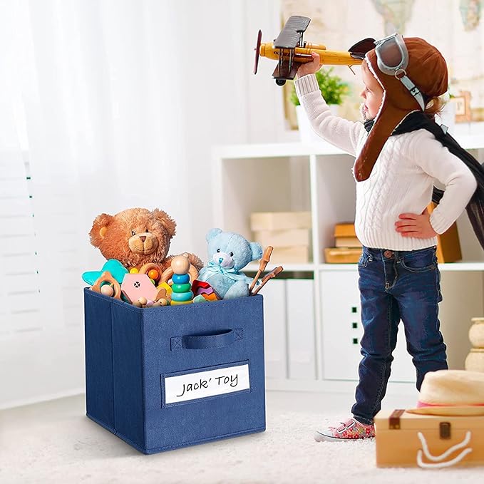 artsdi 13x13x13 storage cube bins(Set of 8) Fabric storage cubes with 8 Labels Window Cards & a Pen, storage cubes 13x13, Collapsible 13 inch cube storage bins, Cubby Boxes, Navy Blue