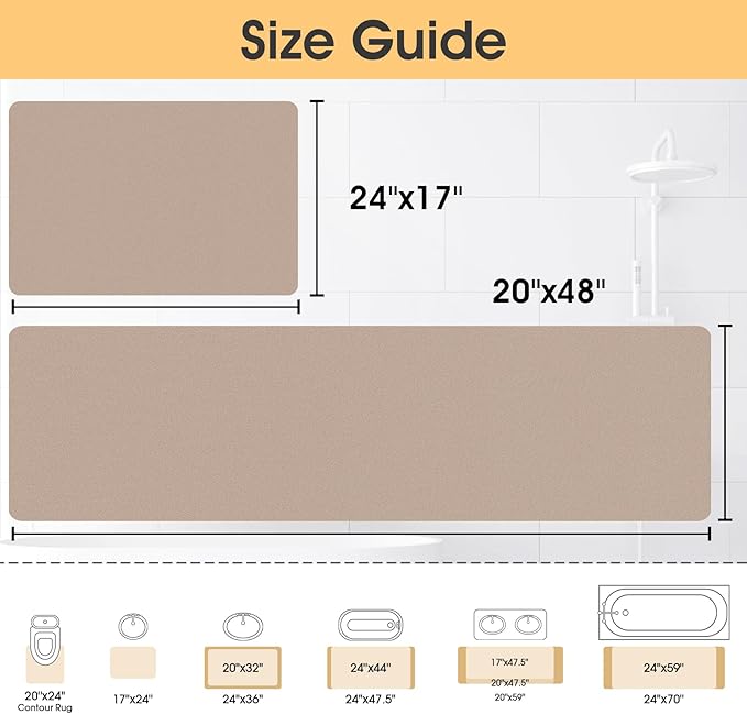Ultra Thin Bath Mat, Upgrade Backing Non Slip Thin Bath Mats Fit Under Door, Quick Dry Ultra Absorbent Bathroom Rugs, Machine Washable Bath Rugs for Bathroom, Bathtub, Taupe/Solid/24"x17"+48"x20"