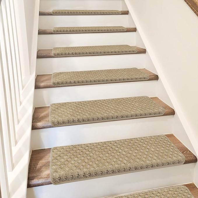 PURE ERA Bullnose Carpet Stair Treads Set Tape Free Non-Slip Indoor Stair Protectors Pet Friendly Rugs 9.5" x 30"(2 Pieces,Khaki Mini-Diamond Trellis)