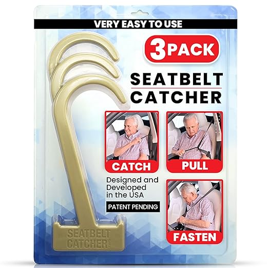 Seatbelt Catcher Seat Belt Aid Grabber - for Elderly & Disabled, Seatbelt Reacher Tool for Seniors with Back, Shoulder, or Elbow Injury, Easy Reach Mobility & Daily Living Aid, 3 Pack, Khaki