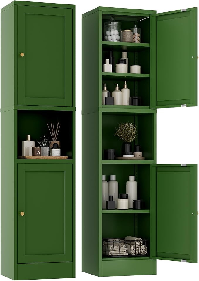 2-Door Metal Storage Cabinet, Tall Slim Pantry Organizer with 3 Adjustable Shelves (120LBS/Shelf), Anti-Tipping Waterproof Cabinet for Bathroom/Kitchen/Home Office/Small Spaces,(1PC,Green)