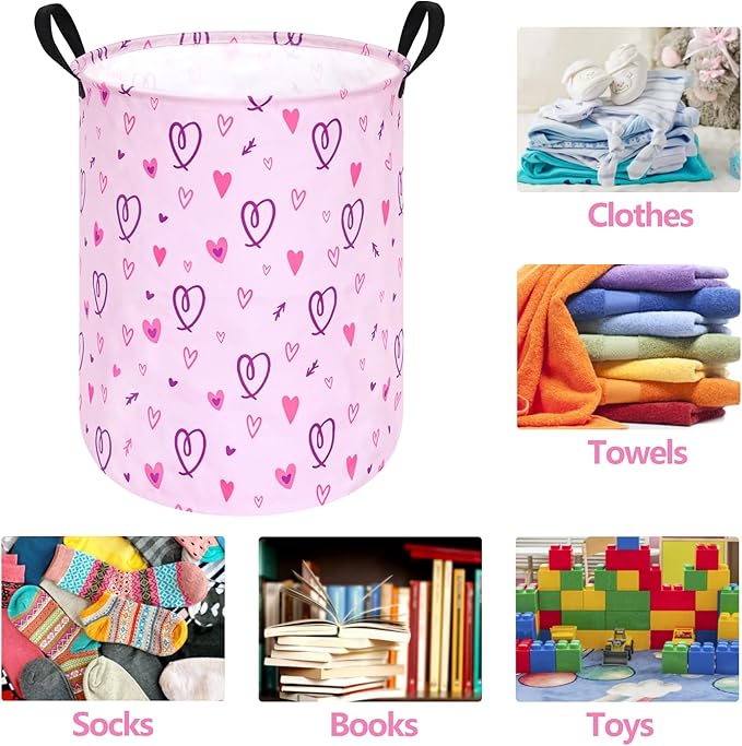 19.7" Round Pink Valentine's Day Laundry Clothes Hamper Laundry Basket with Handles,Storage Organizer Bins Laundry Gift Basket for Room, Bedroom Decor