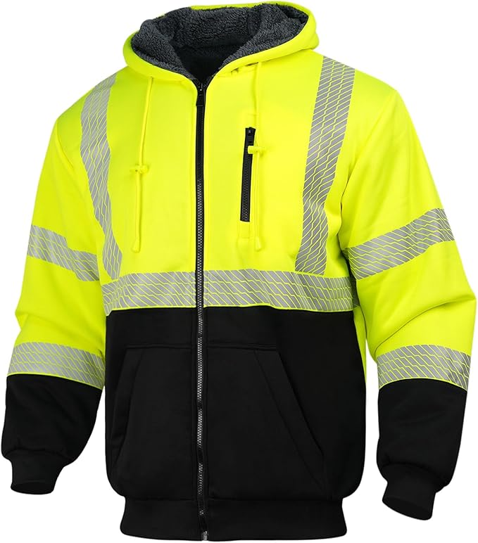 Hi Vis Hoodie Reflective Safety Jacket for Men,Class 3 High Visibility Sweatshirt Zipper for Work Construction
