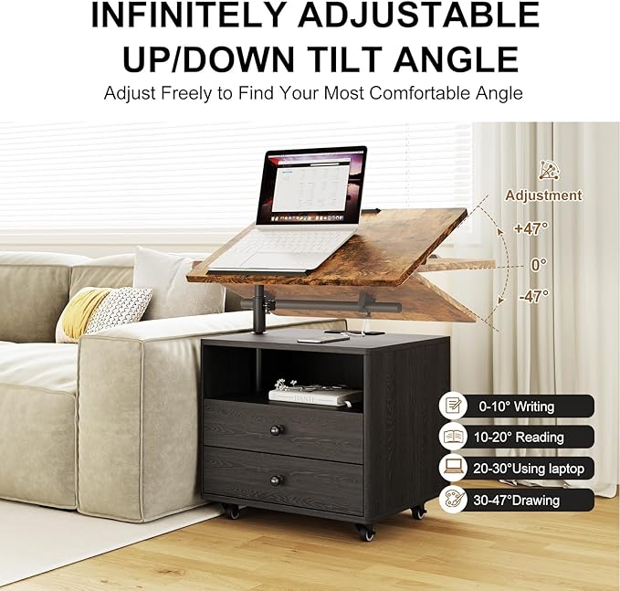 Bedroom Nightstand with Drawers & Charging Station, Adjustable Height Bedside Table with Wheels, Wooden Small Sofa Side Tables with Storage for Living Room, Black Brown