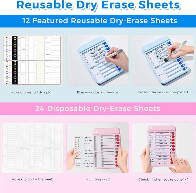 Magnetic Chore Chart for Kids, ADHD Tools for Kids to Do List Check List Chart Board Routine Chart, Visual Schedule for Fridge, Home with 10 Sliders and Magnetic Marker - (Blue+Pink)