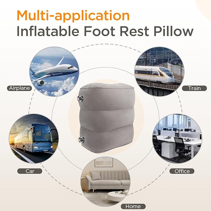 Inflatable Travel Foot Rest Pillow (2-Pack) Adjustable Height Leg Pillow Fast Inflating Airplane Bed for Toddlers Footrest Pillow for Office, Airplane, Train, Cars, Home (Grey)