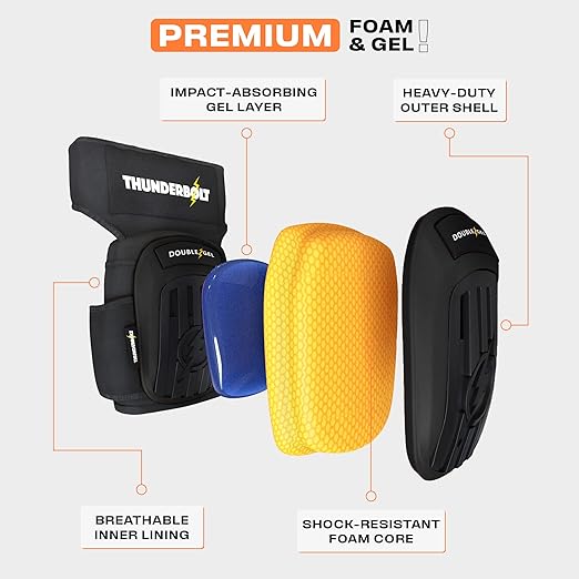 Thunderbolt Knee Pads for Men Construction Knee Pads for Work for Men and Women with Double Gel for Gardening Flooring Roofing Heavy Duty with Extra Thick Foam and Strong Adjustable Non-Slip Straps