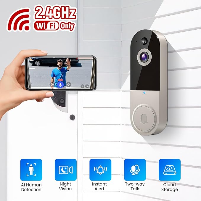 1080p Wireless Video Doorbell Camera with Indoor Receiver, AI Human Detection, 2-Way Audio, Night Vision, Cloud Storage, Real-Time Alerts, 2.4G Wi-Fi Only (Linen)
