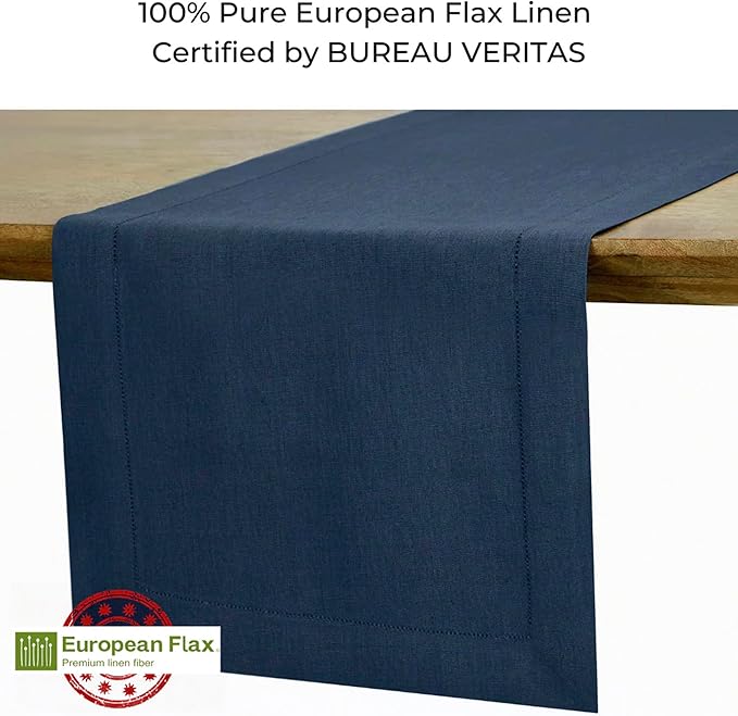D'Moksha Homes Linen Navy Blue Table Runner 108 Inches Long - 100% Pure Linen 14 x 108 Inch Table Runner for Easter - Classic Hemstitch