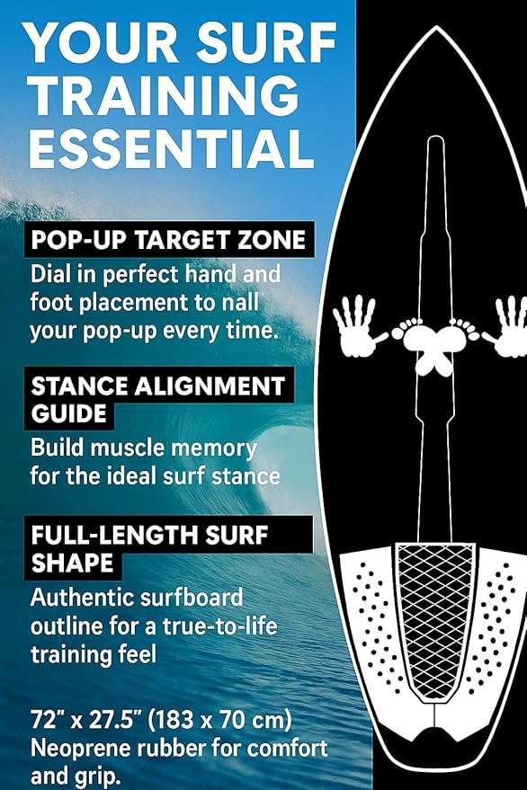 Surf Training Mat 72" × 27.5" - Surf Yoga Mat for Pop-Up Practice, Balance & Surfing Workout - Durable Non-Slip Neoprene Rubber Surf Mat Trainer for Home and Surf Fitness