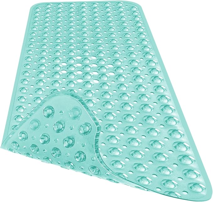 Extra Long Bathtub Mat Non Slip, Clear Green Soft Bath Mat for Tub 40 x 16 Inch Full Size, Bath Tub Shower Mats for Bathroom Floor, Big Suction Cups and Drain Holes, Easy Washable, BPA Free