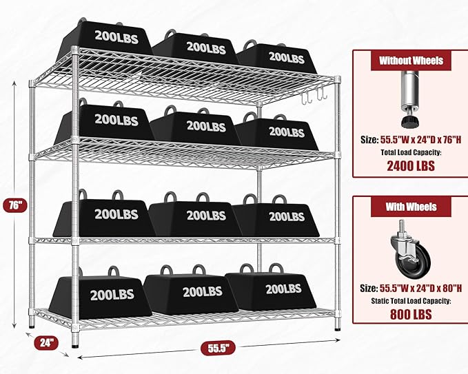 PrimeZone 4 Tier 55.5" Wx24 Dx76 H Wire Shelving with Wheels 2400lbs NSF Certified Storage Shelves Heavy Duty Metal Shelf Adjustable Rolling Rack Commercial Garage Restaurant Warehouse Chrome 4Pack