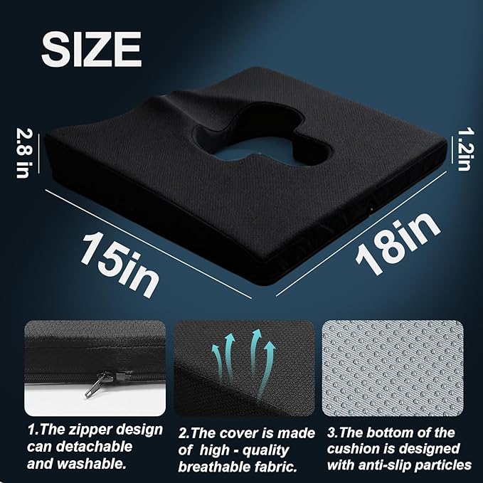Gel Wheelchair Seat Cushion,Bed Sore Cushions for Butt,Chair Pressure Sore Cushion,Memory Foam Butt Pillow for Bed,Pressure Ulcer Pain Relief,Sciatica,Coccyx,Non-Slip Washable Cover(Black)